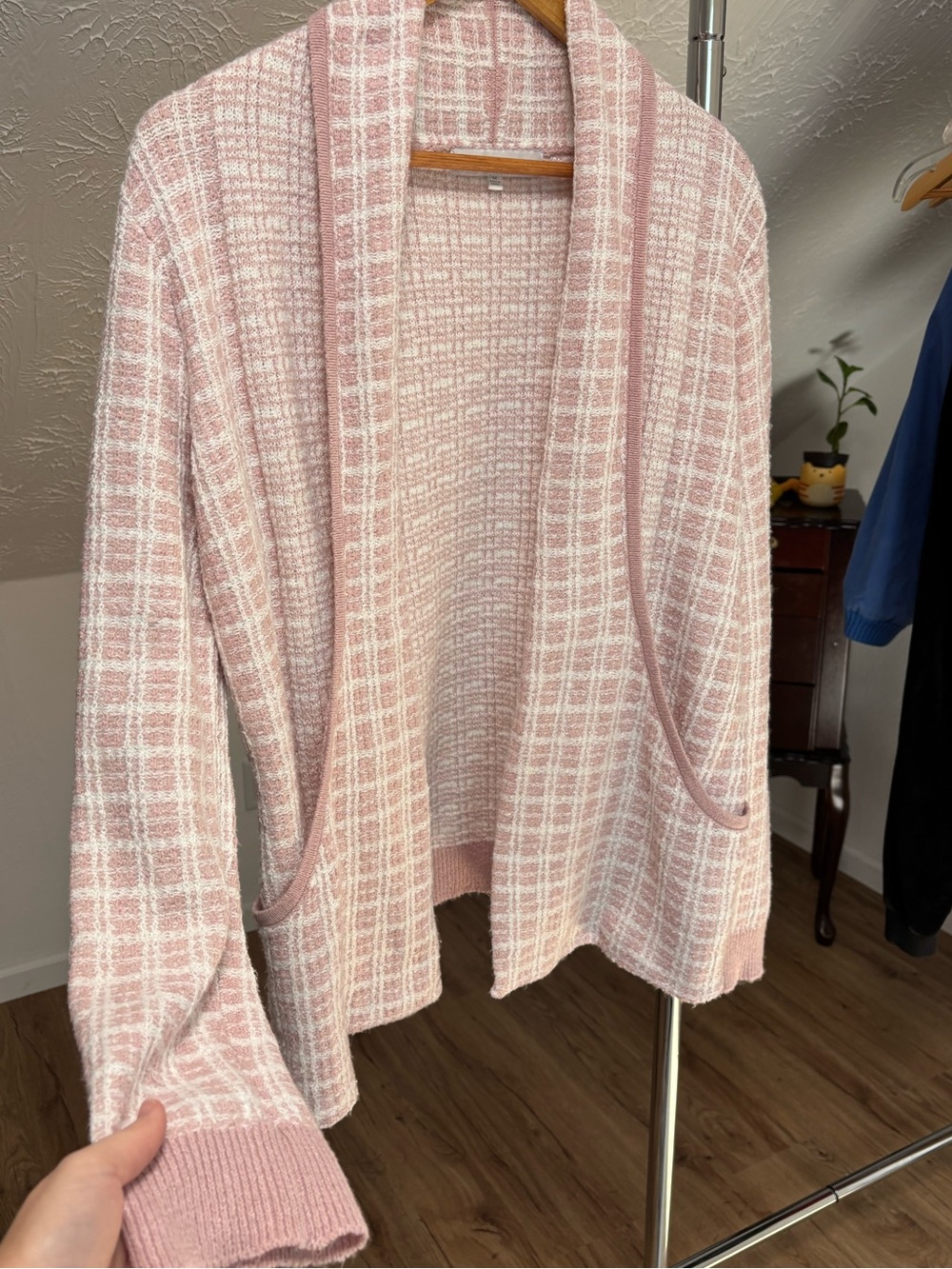 Pink plaid open front cardigan with shawl neckline. Verve Ami size medium